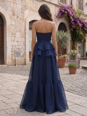 Strapless Navy Blue Organza Evening Dress with 3D Rose Accent