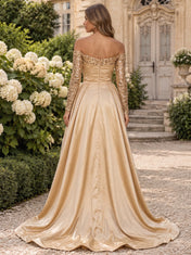 Off-the-Shoulder Sequin-Accented High-Low Satin Evening Dress