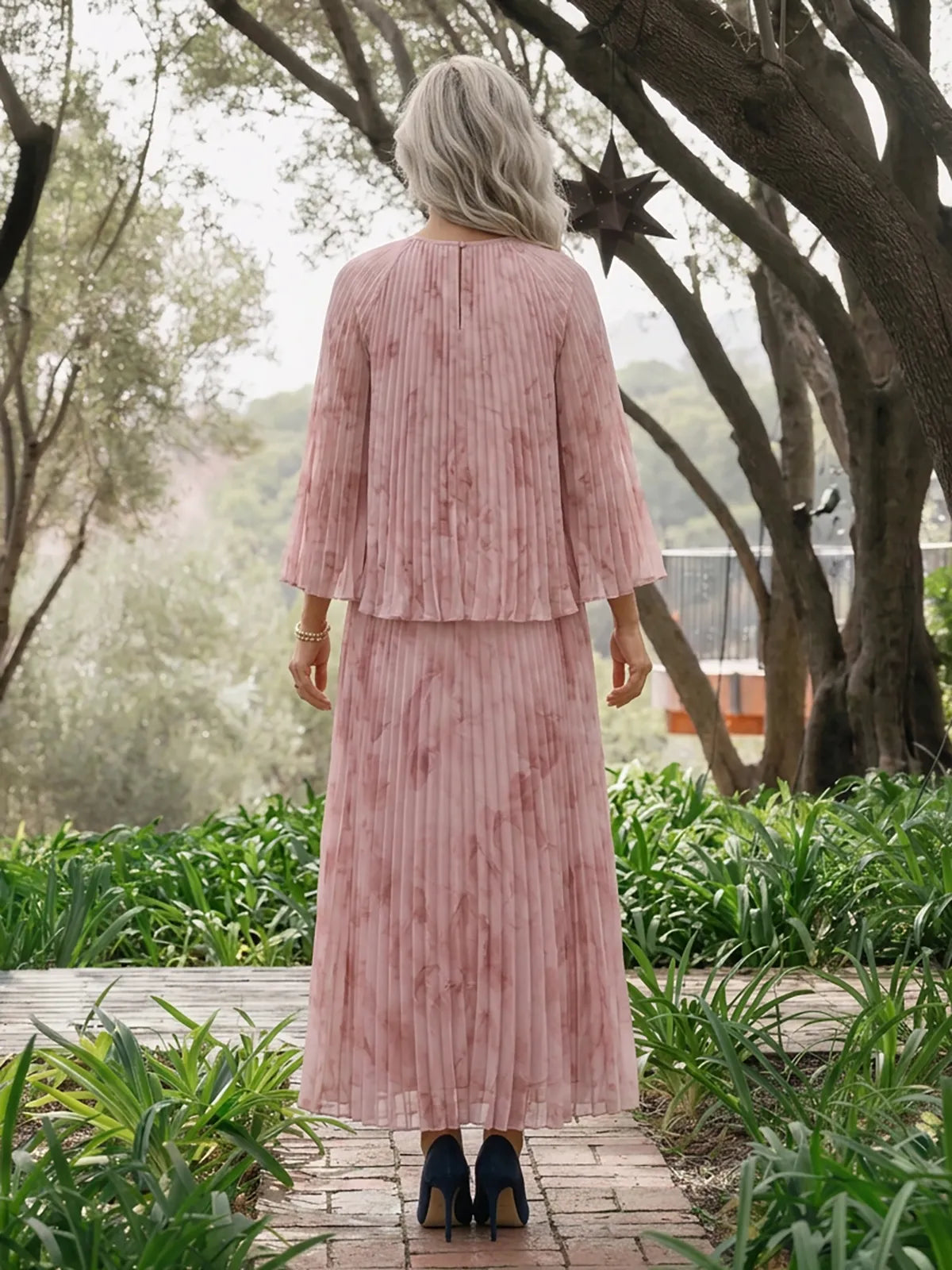 High-Neck Pleated Floral Capelet A-Line Evening Dress Mother of the Bride & Groom Dresses