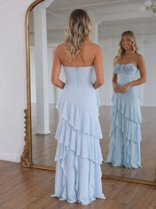 Strapless Rosette-Embellished Tiered Ruffle Prom Dress