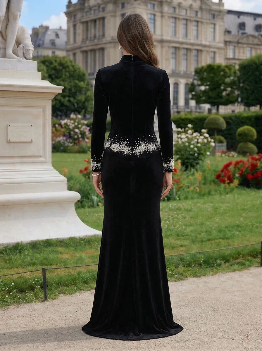 High-Neck Beaded Peplum Velvet Long-Sleeve Column Evening Dress with Front Slit