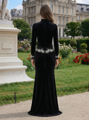 High-Neck Beaded Peplum Velvet Long-Sleeve Column Evening Dress with Front Slit