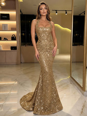 Gold Sequin Halter Mermaid Prom Dress with Ruched Waist