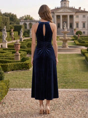 Navy Blue Halter Neck Velvet and Flowing A-Line Evening Dress