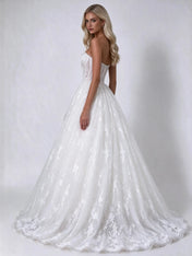 Strapless Lace Sheer-Corset A-Line Bridal Wedding Dress with Cathedral Train
