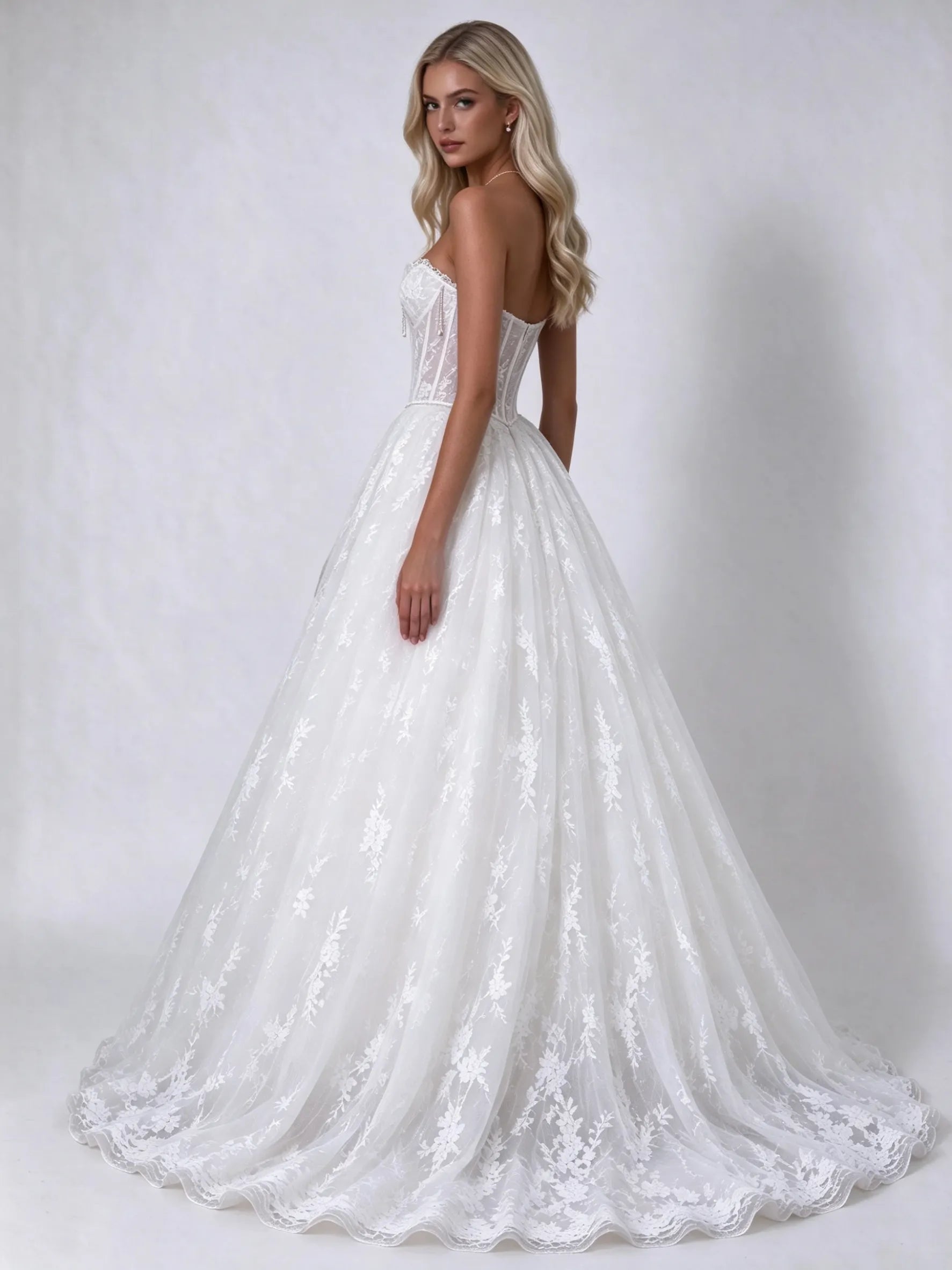 Strapless Lace Sheer-Corset A-Line Bridal Wedding Dress with Cathedral Train