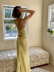 Yellow Sheath Spaghetti Straps Long Prom Party Dress with Keyhole Back