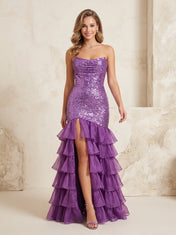 Strapless Purple Sequin Tiered Ruffle Mermaid Prom Dress