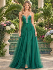 Strapless Crystal Beaded Emerald Green Tulle A-Line Prom Dress with Plunging V-Neck and Corset Back