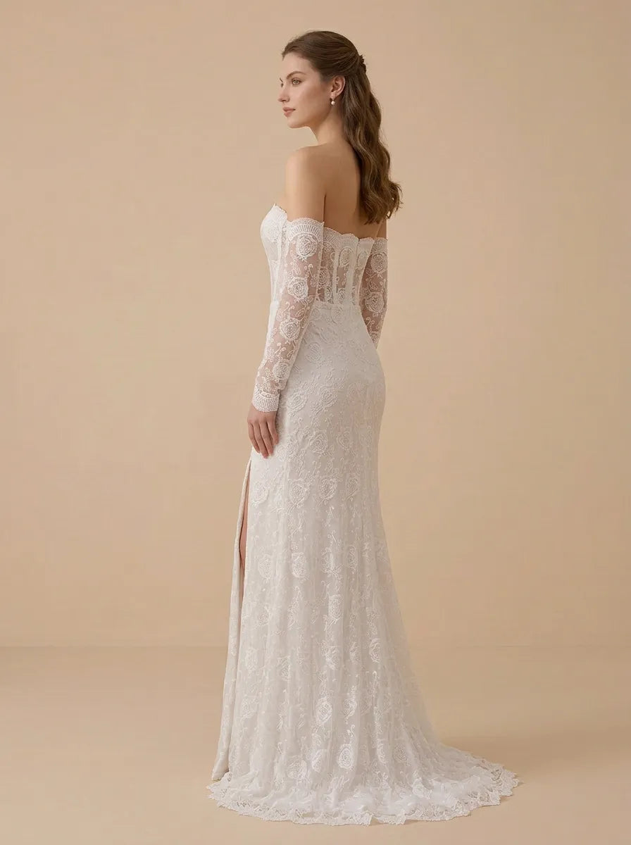 Strapless Lace Mermaid Wedding Dress with High Front Slit and Detachable Sleeves