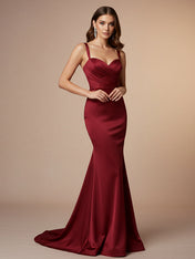 Red Mermaid Sweetheart Floor-Length Satin Prom Dress with Pleated