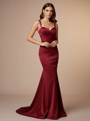 Red Mermaid Sweetheart Floor-Length Satin Prom Dress with Pleated