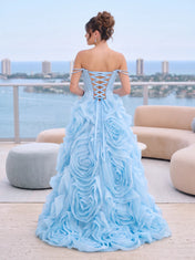 Off-the-Shoulder Pearl-Draped Corset Organza Rosette Ball Gown Prom Dress