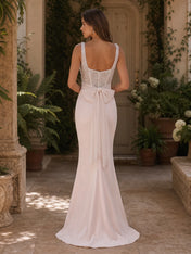 White Beaded Square Neckline Column Wedding Dress with Back Bow