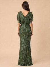 V-Neck Sequin Draped Sleeve Evening Dress