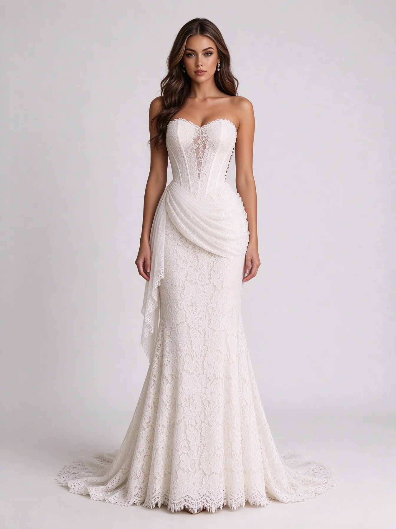 Strapless Sweetheart Lace Corset Mermaid Wedding Dress with Draped Hip Sash and Lace-Up Back