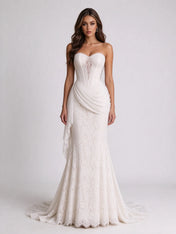 Strapless Sweetheart Lace Corset Mermaid Wedding Dress with Draped Hip Sash and Lace-Up Back