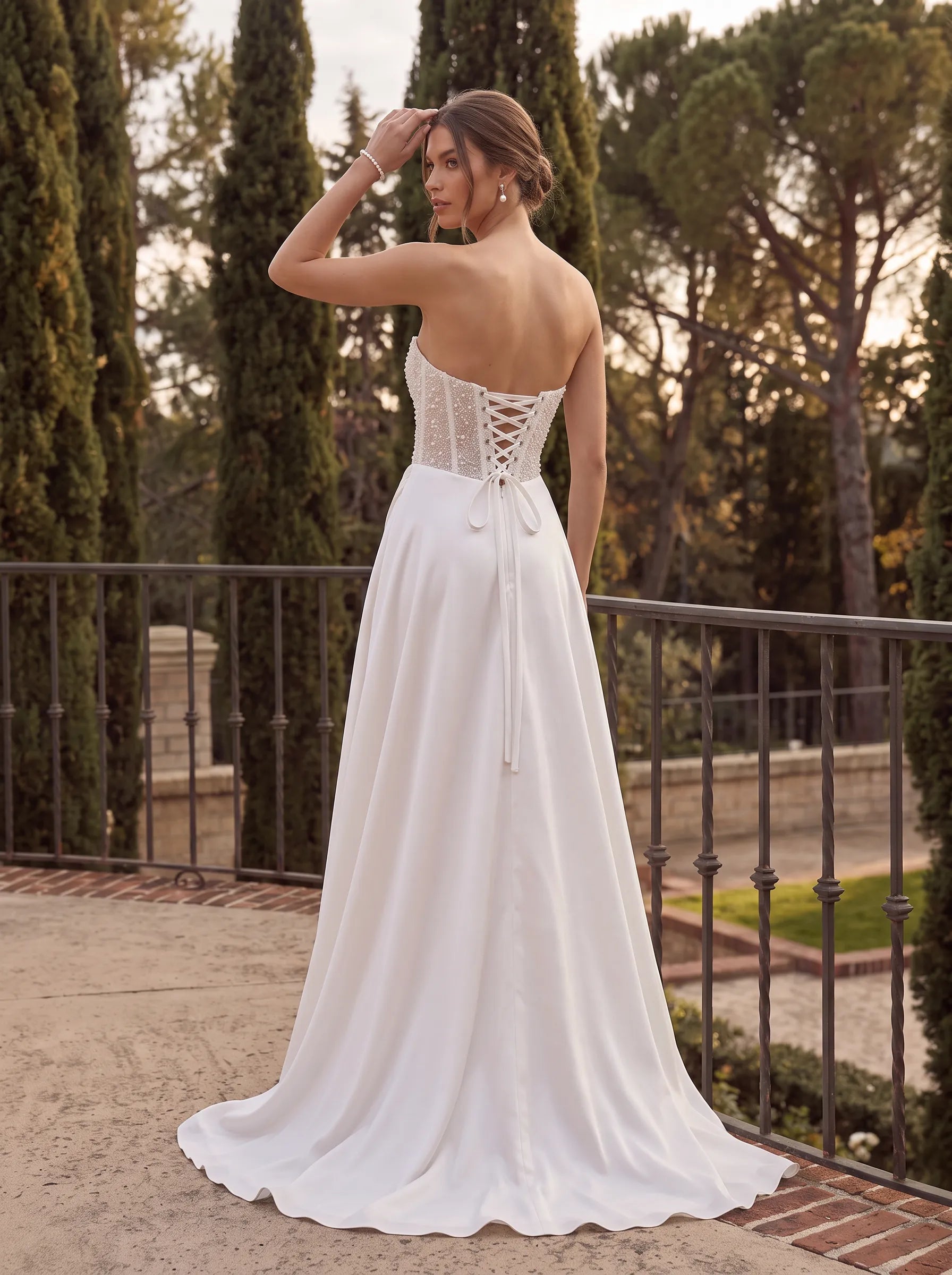 Strapless Beaded Corset High Slit A-Line Satin Wedding Dress