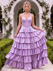Halter Sweetheart Pearl Beaded Tiered Tulle Prom Dress