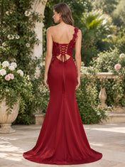 One-Shoulder 3D Floral Applique Satin Mermaid Prom Dress with High Front Slit and Lace-Up Back