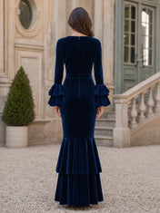 Long-Sleeve Tiered Ruffle Velvet Mermaid Evening Dress
