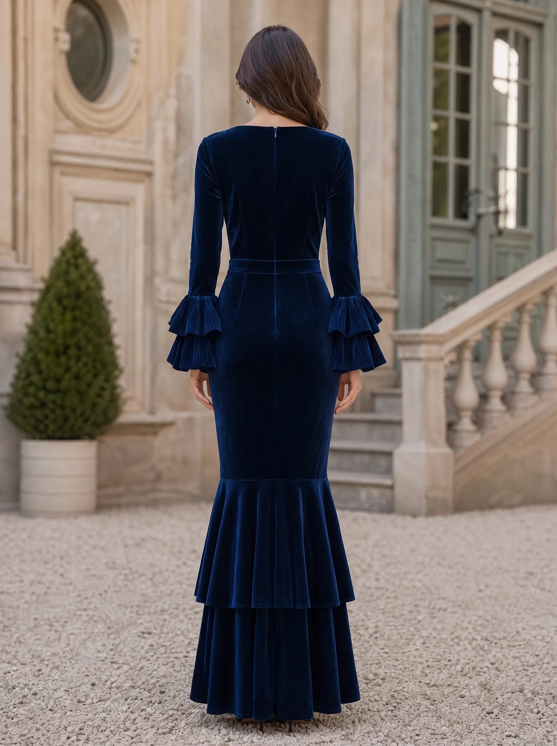 Long-Sleeve Tiered Ruffle Velvet Mermaid Evening Dress