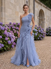 One-Shoulder Ruffled Chiffon Prom Dress with High Slit and Rosette Detail