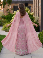 Strapless Embroidered Floral Capelet Pink Column Evening Dress