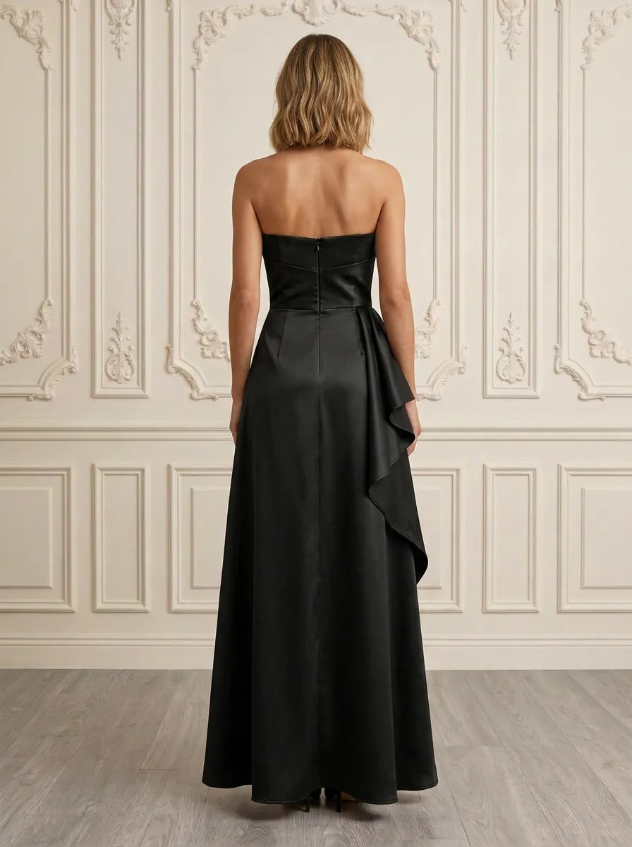 Black Sweetheart Strapless Ruffled Satin Sleeveless Evening Dress