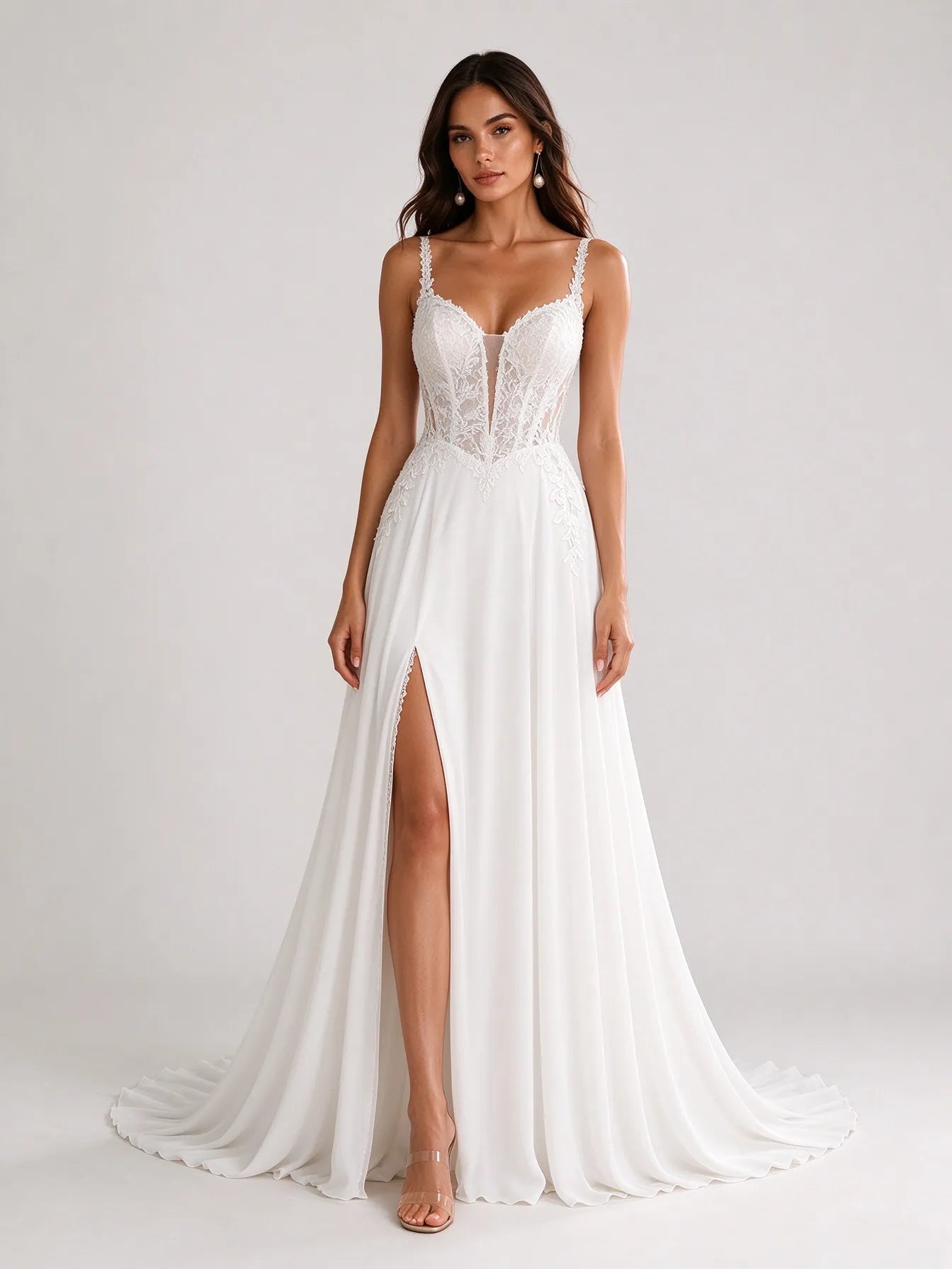 Sweetheart Illusion Lace Corset Chiffon A-Line Wedding Dress with High Slit