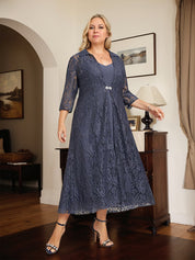 Robe de mère de la mariée en mousseline de soie, coupe trapèze, col en V et longueur thé 