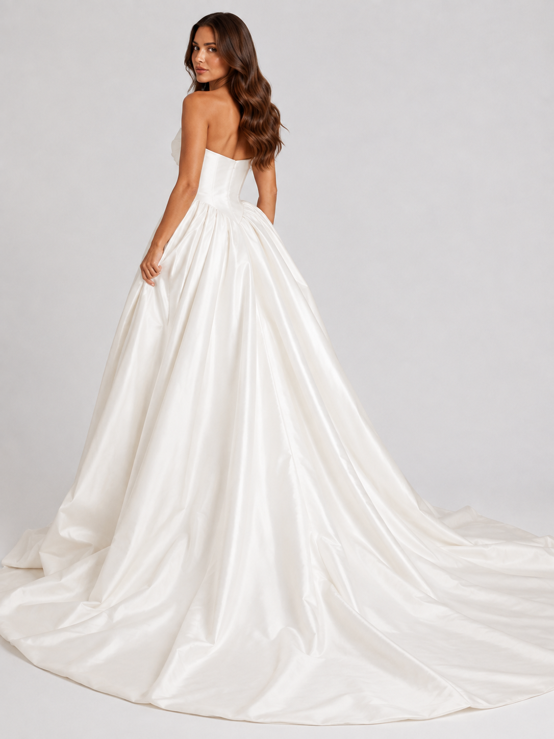 Elegant Strapless Sculpted Bustier Satin Ball Gown Wedding Dress with Chapel Train