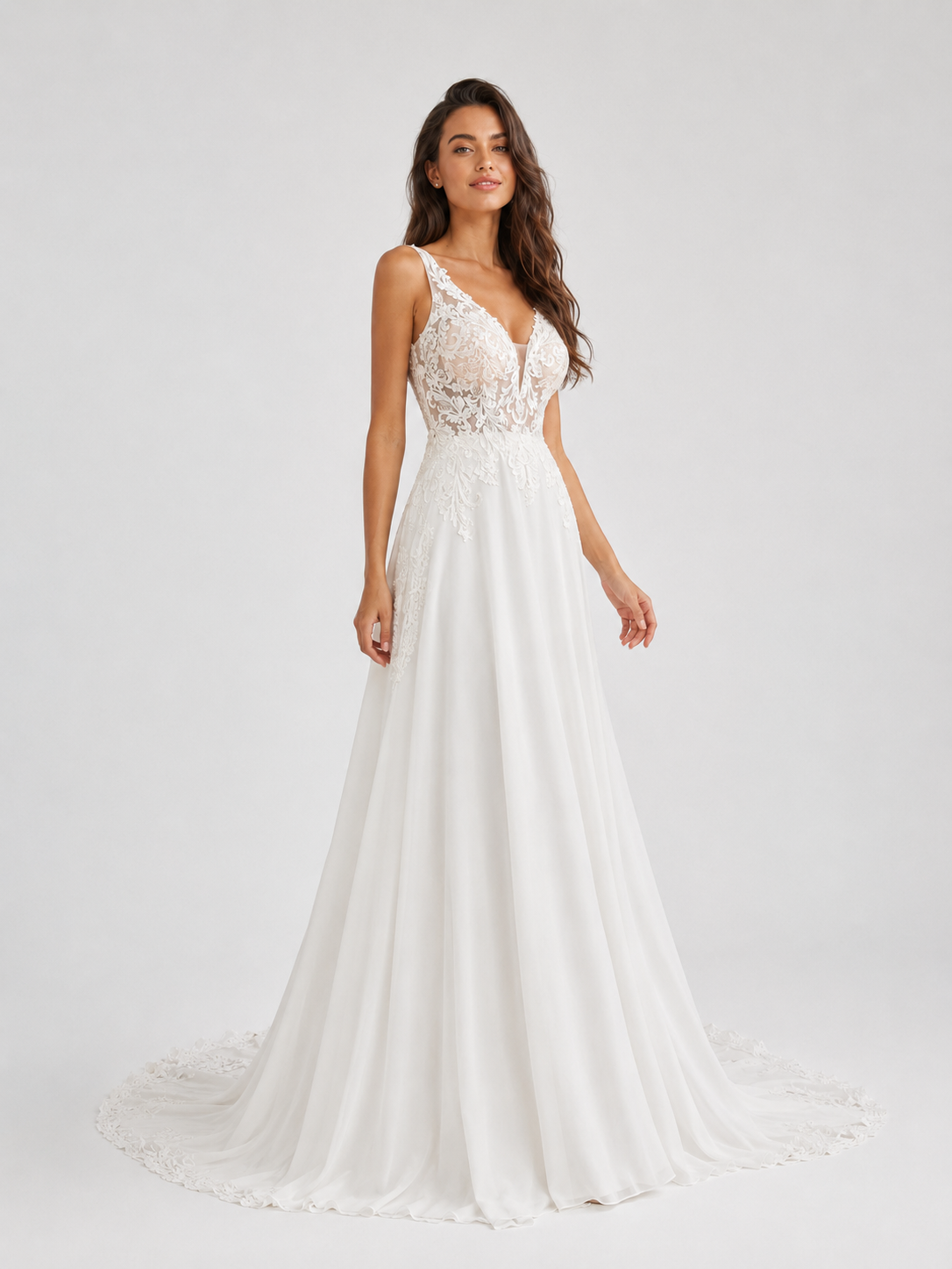 Elegant Deep V-Neck Lace Applique Chiffon A-Line Wedding Dress with Chapel Train