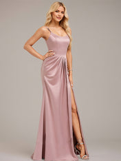 Dusty Rose Trumpet/Mermaid Spaghetti Straps Floor-Length Satin Bridesmaid Dress With Ruched