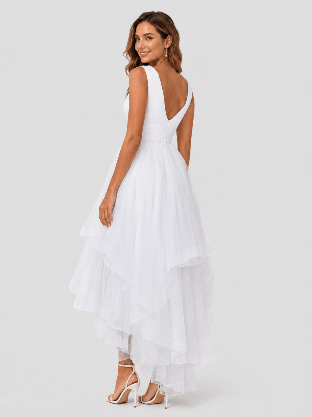 Elegant V-Neck Ruched Tulle High-Low Wedding Dress with Layered Skirt