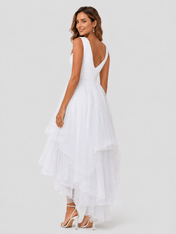 Elegant V-Neck Ruched Tulle High-Low Wedding Dress with Layered Skirt
