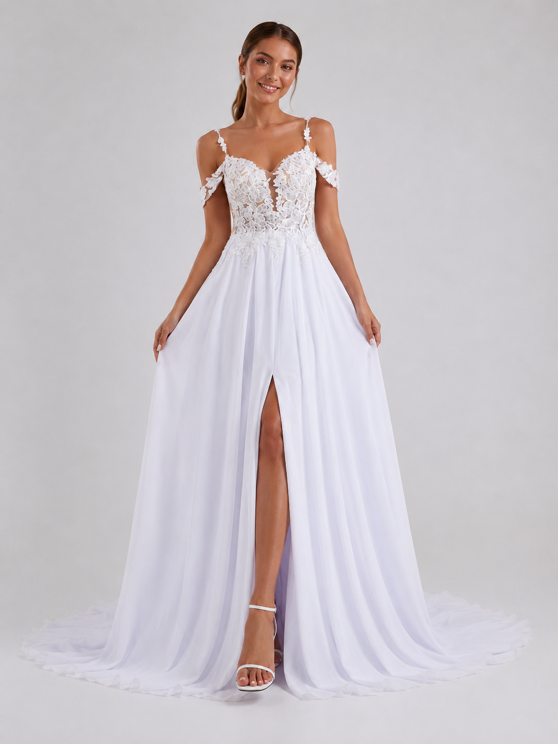 Elegant Off-the-Shoulder Lace Applique Chiffon A-Line Wedding Dress with High Slit and Chapel Train
