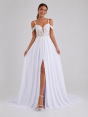 Elegant Off-the-Shoulder Lace Applique Chiffon A-Line Wedding Dress with High Slit and Chapel Train
