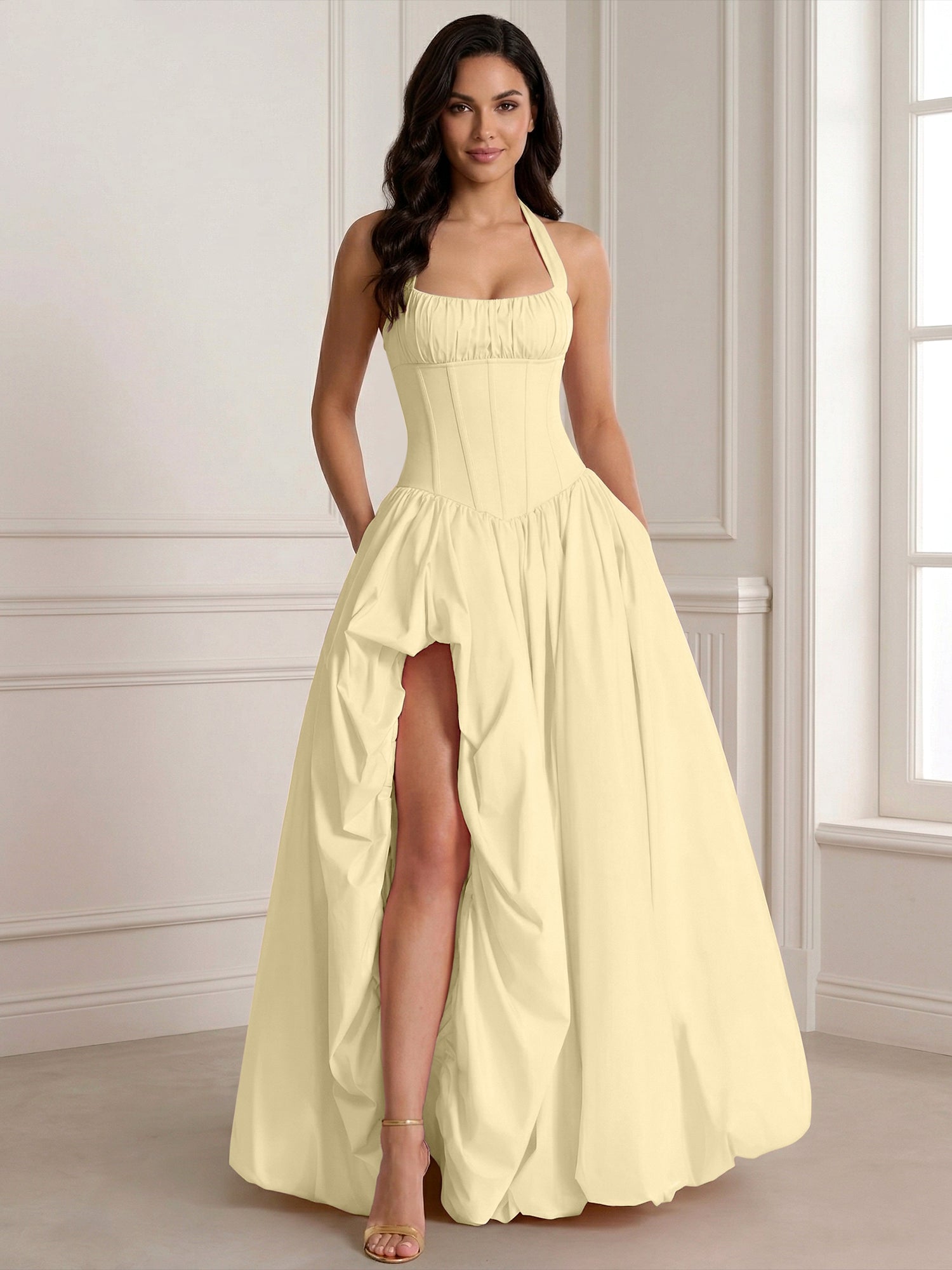 Glamorous Blush Pink Halter Corset Evening Paty Dress Gown