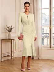 Dusty Rose Long Sleeve Ruched Midi Dress Formal Evening Gown