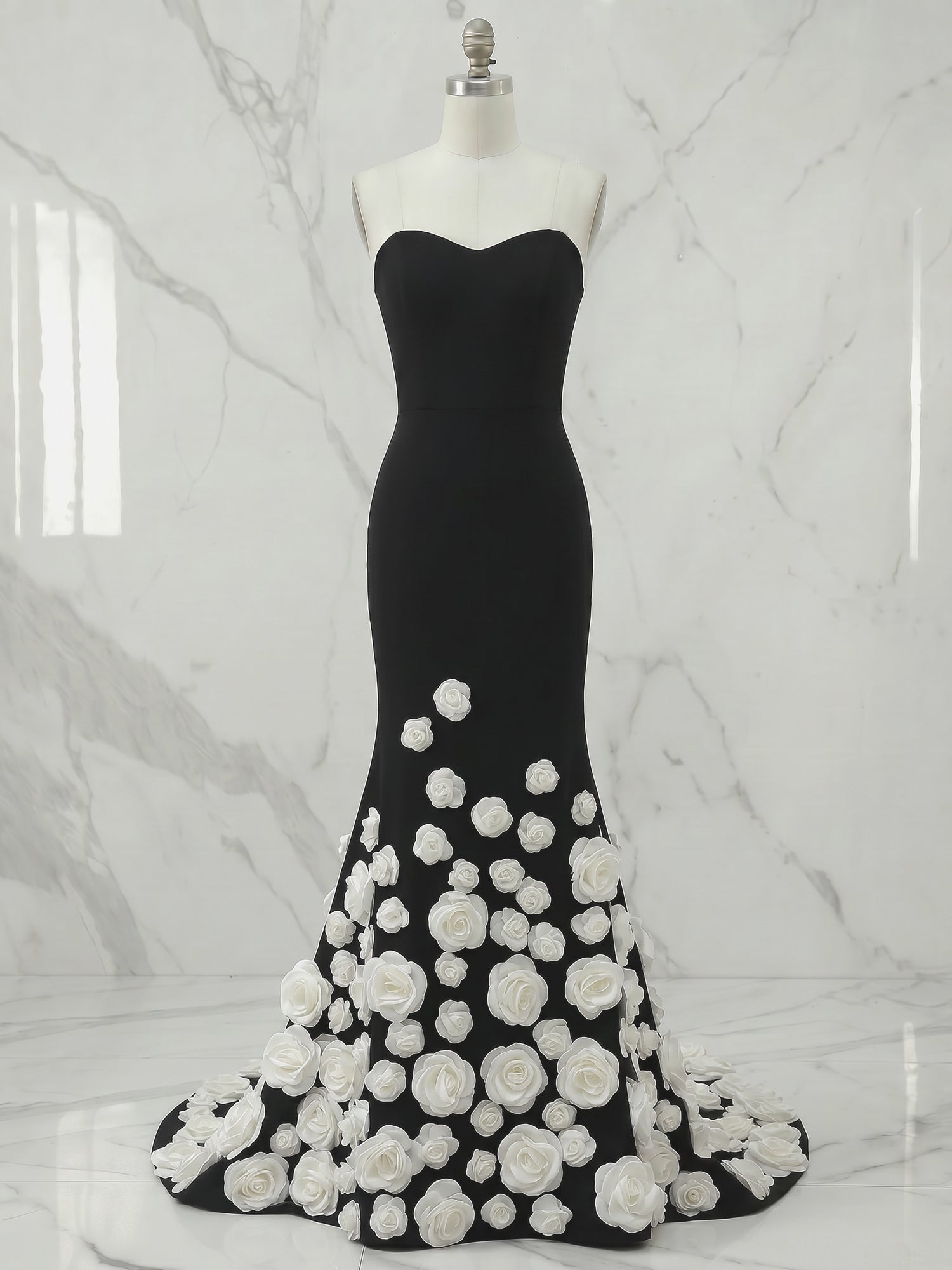 Dramatic Black 3D White Floral Mermaid Evening Formal Gown