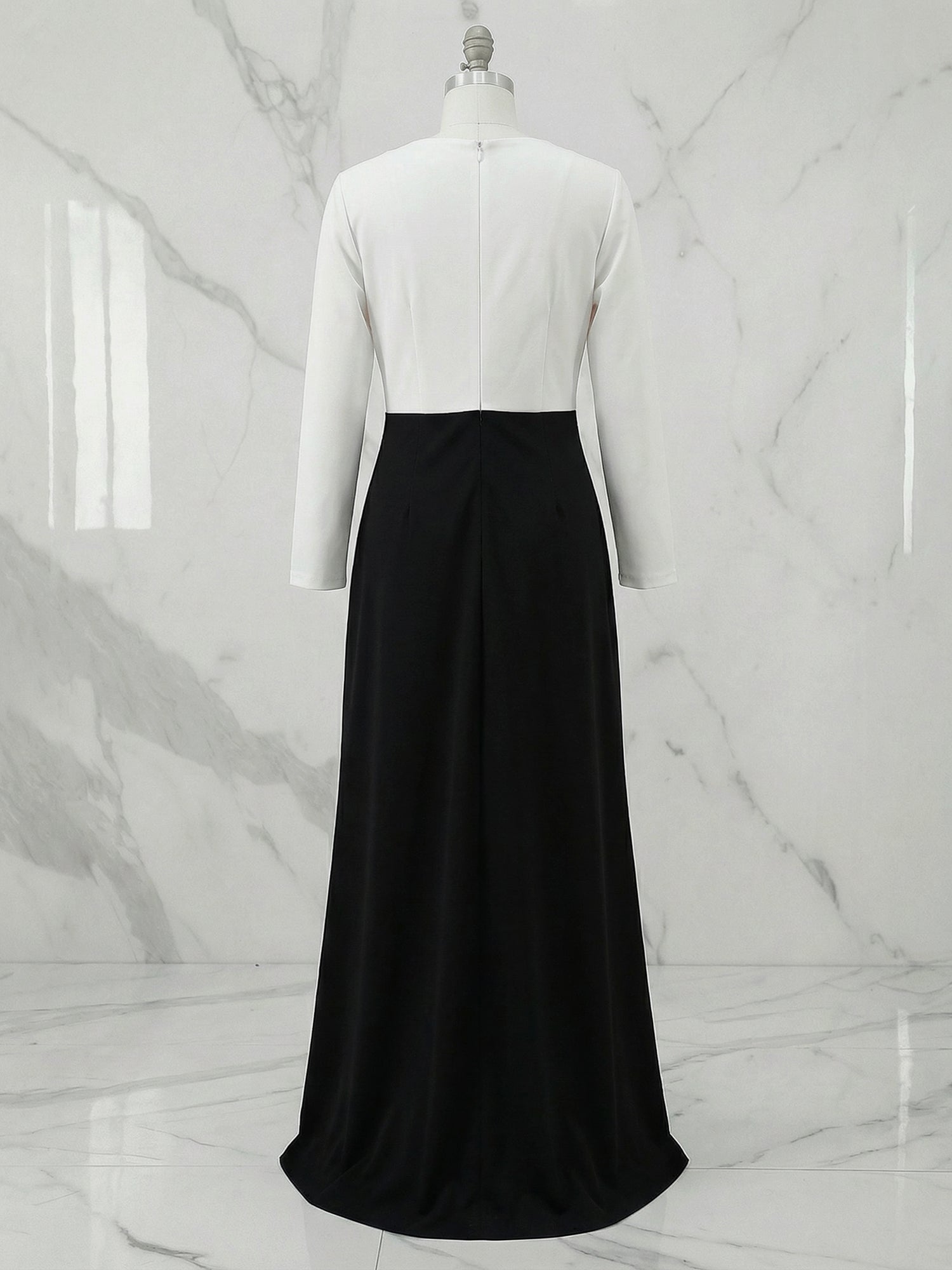 Formal Evening Dress Black White Deep V Colorblock Long Sleeve Maxi Dress