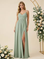 Spaghetti Straps V Neck A Line Chiffon Pleat Long Bridesmaid Dresses with Slit