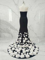 Dramatic Black 3D White Floral Mermaid Evening Formal Gown