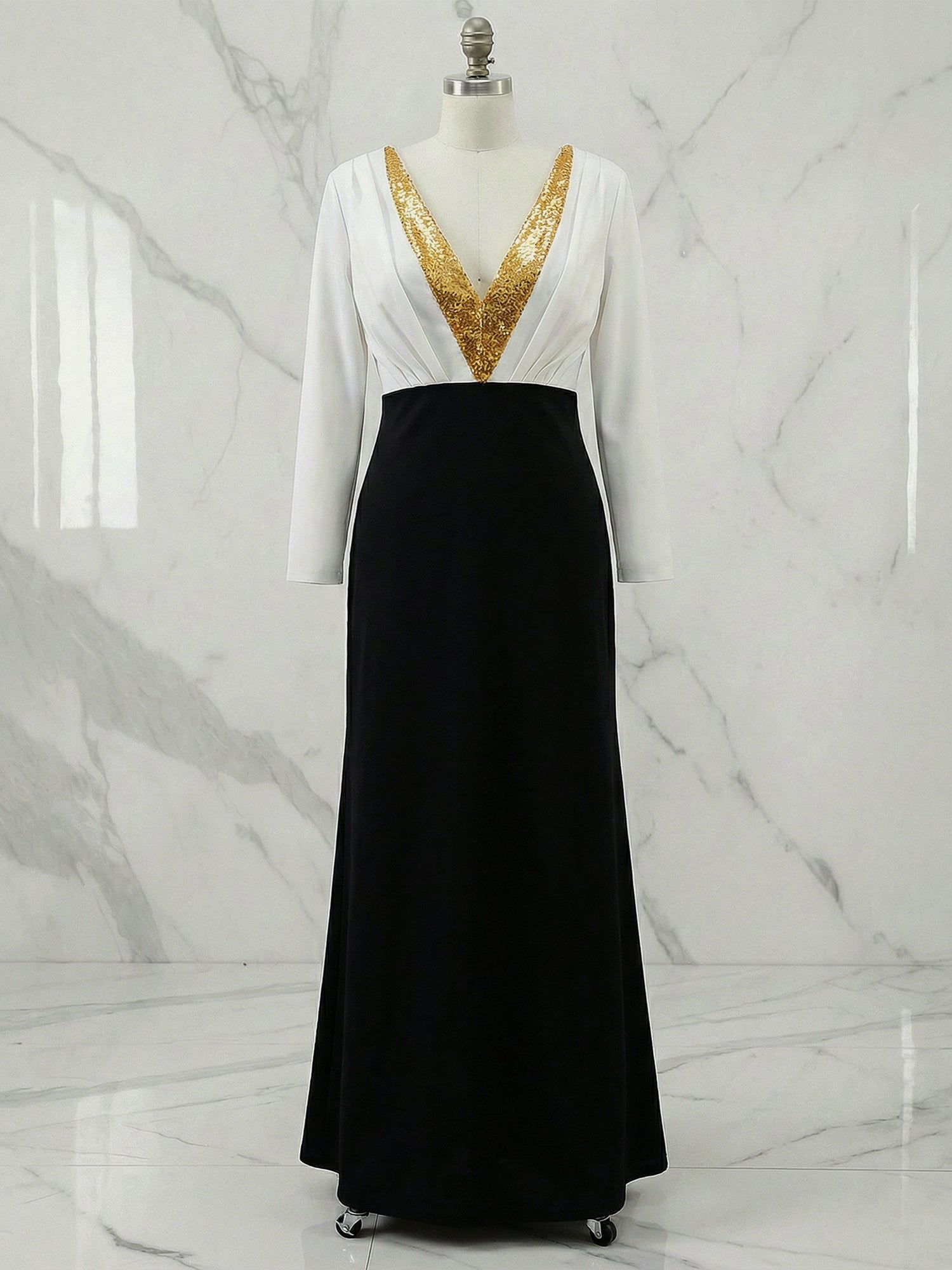 Formal Evening Dress Black White Deep V Colorblock Long Sleeve Maxi Dress