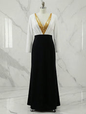 Formal Evening Dress Black White Deep V Colorblock Long Sleeve Maxi Dress