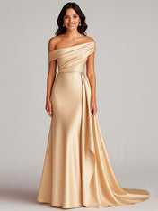 Off Shoulder Satin Mermaid Sweep Train Formal Dress with Cape