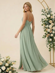 Spaghetti Straps V Neck A Line Chiffon Pleat Long Bridesmaid Dresses with Slit