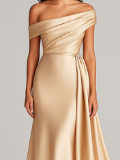 Off Shoulder Satin Mermaid Sweep Train Formal Dress with Cape