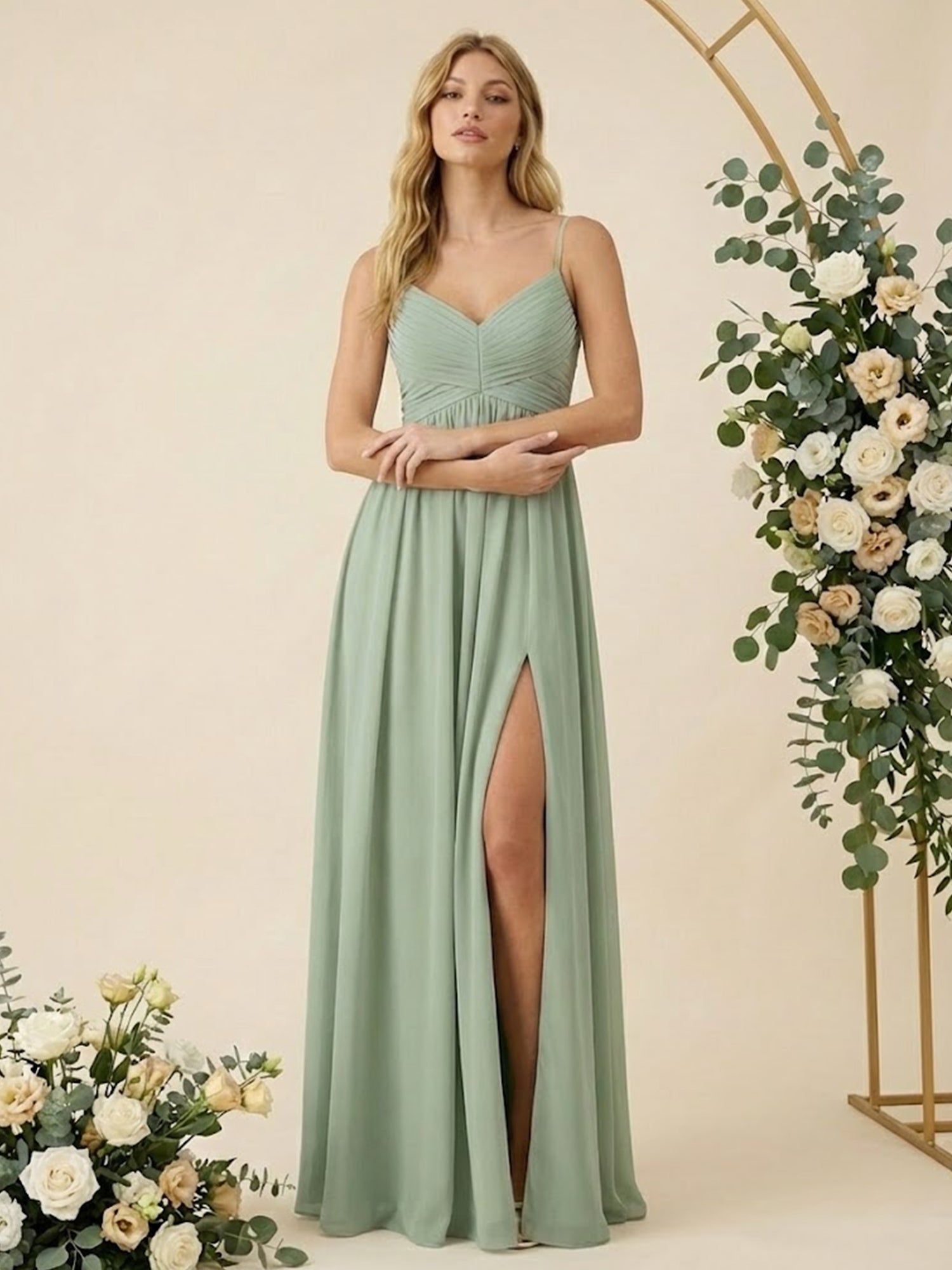 Spaghetti Straps V Neck A Line Chiffon Pleat Long Bridesmaid Dresses with Slit